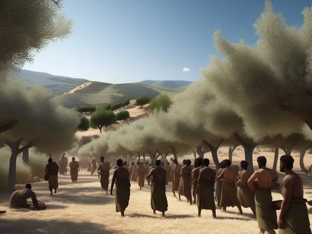 Escena detallada de esclavos en Grecia Antigua trabajando en olivar - Importancia esclavos en Grecia Antigua