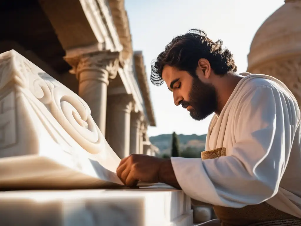 Tallado de piedra en la Antigua Grecia: artesanía precisa y belleza en una escena de un habilidoso estonemason trabajando en un bloque de mármol