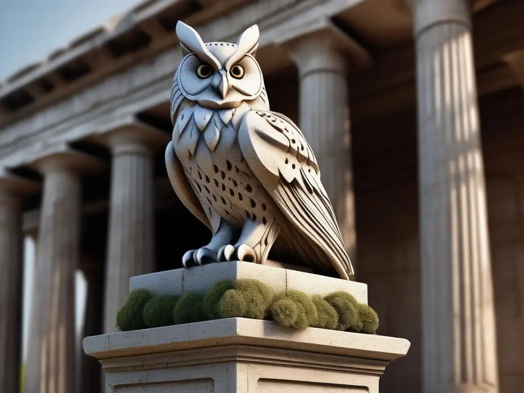 Simbolismo del búho en Grecia antigua: Escultura de búho en templo griego con detalles realistas