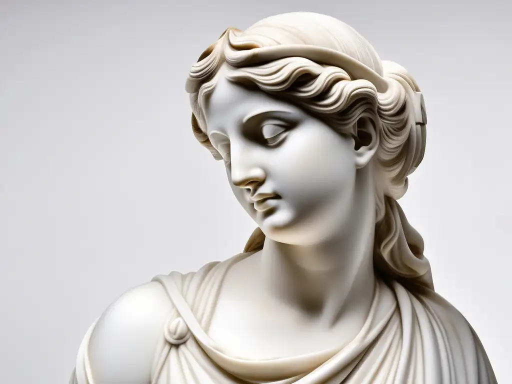 Belleza ideal mujeres Antigua Grecia, escultura mármol griega de una figura femenina serena y hermosa, fondo blanco