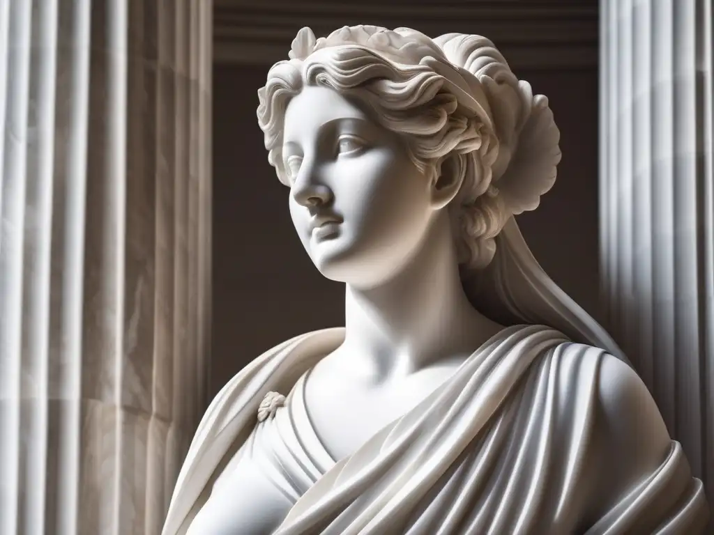 Mujer en la Antigua Grecia: Escultura en mármol blanco de una figura femenina con detalles intrincados y pose elegante, sosteniendo un pergamino