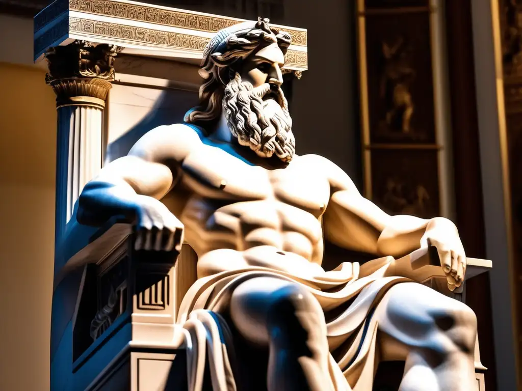 Escultura de Zeus en Olimpia, detalle impresionante de su físico y expresión facial, con sombras sutiles y gran claridad en los detalles