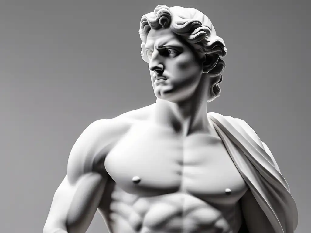 Escultura griega masculina, mármol blanco, detalle muscular, vestido elegante, iluminación suave - Filosofía del arte Grecia