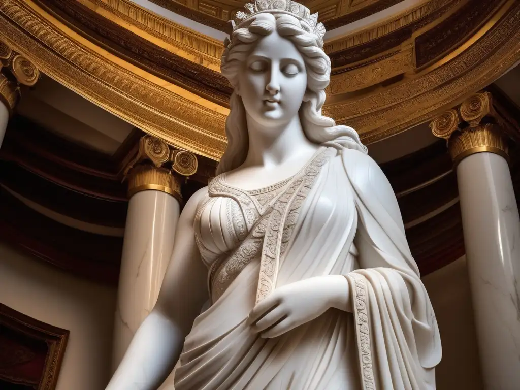 Escultura de diosa griega en galería opulenta