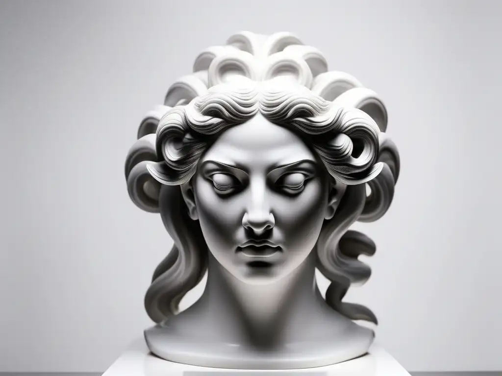 Escultura realista de Medusa, figura mitológica griega, en mármol blanco