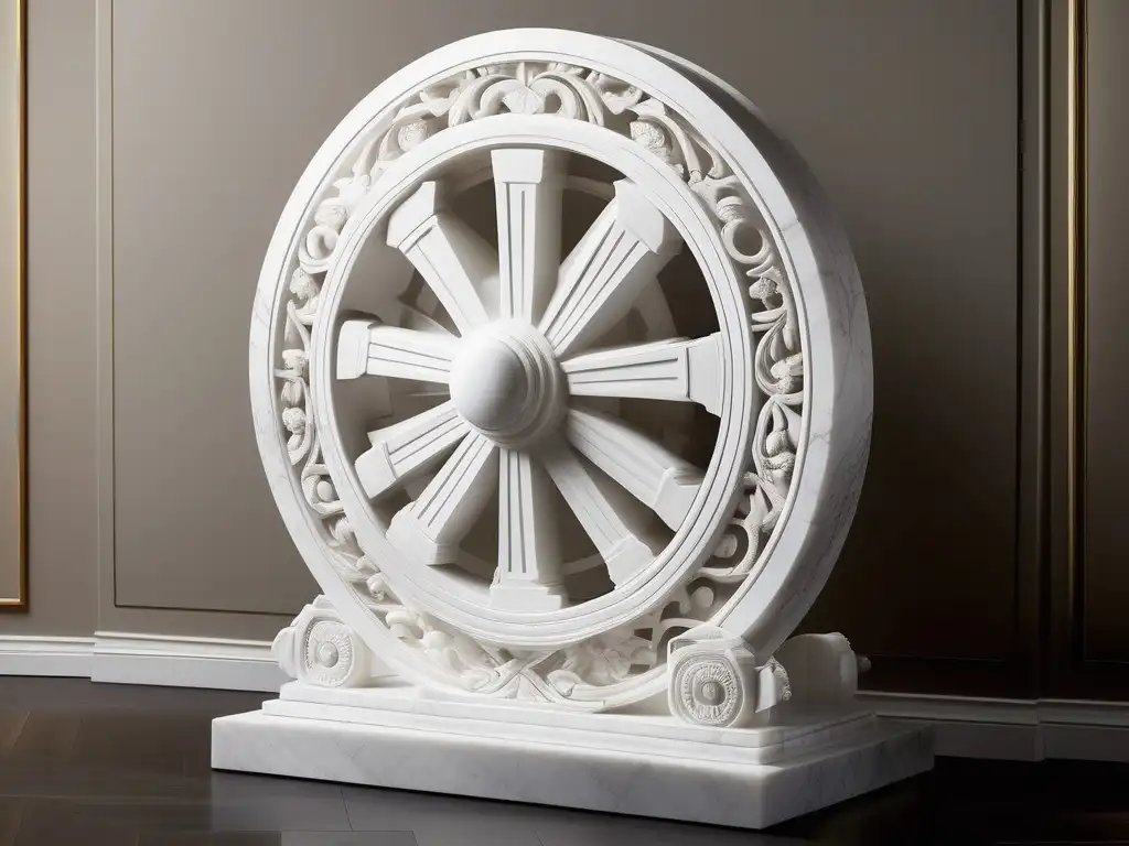 Rueda de carro de mármol blanco con detalles y sombras Impacto rueda en Antigua Grecia: mármol esculpido, luces, sombras y detalles