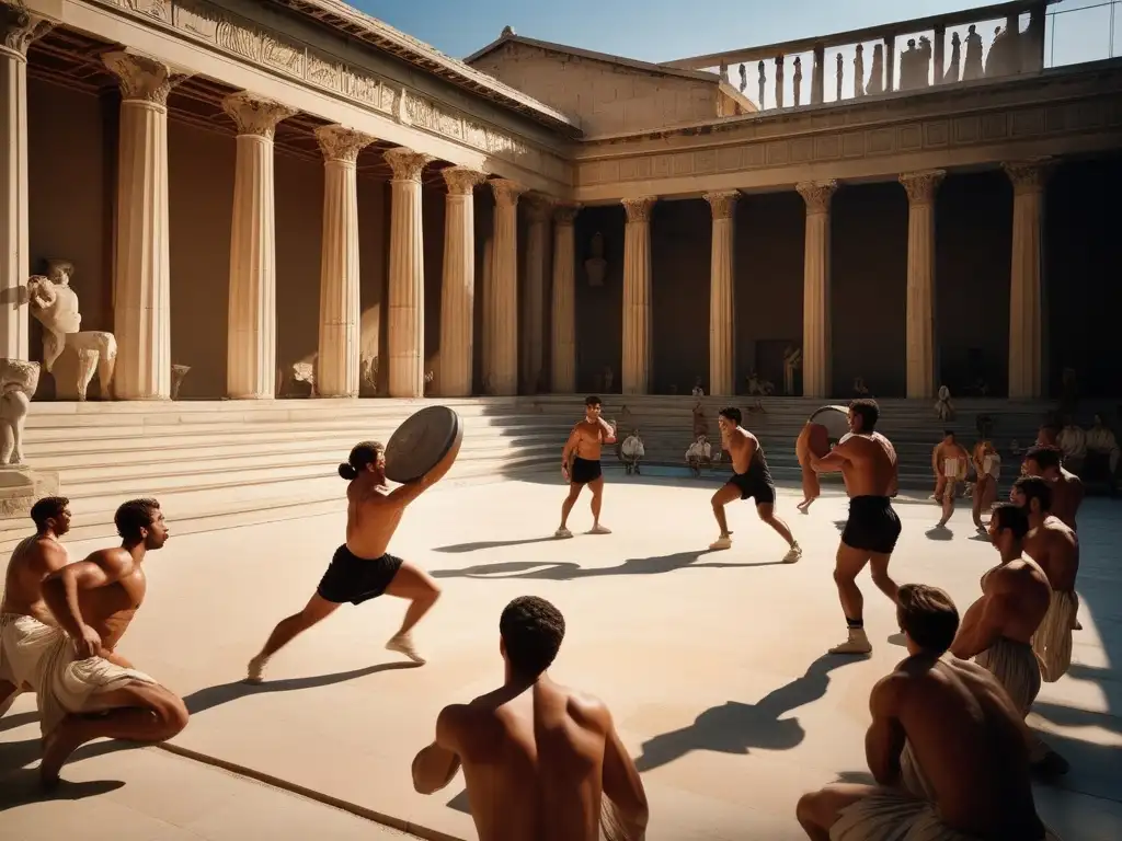 Gymnasion y palestra en la Antigua Grecia: Escenario soleado de entrenamiento físico, atletas musculosos, conexión natural