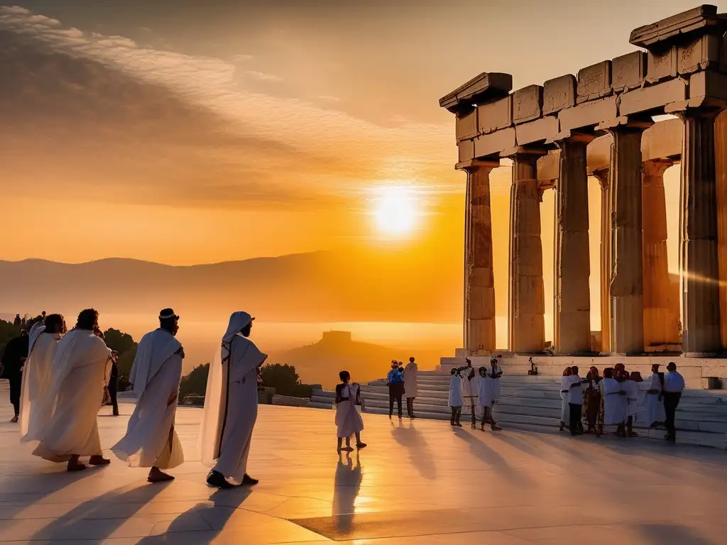 Influencia dioses en democracia griega, Parthenon y fervor religioso en imagen atardecer dorado