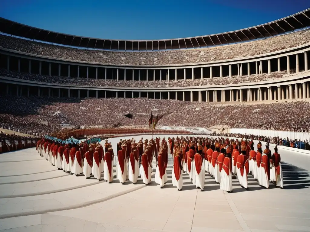 Tradición y deporte en los Juegos Panatenaicos: Una imagen impresionante que captura la esencia de los juegos, con un estadio grandioso, atletas victoriosos y un público emocionado