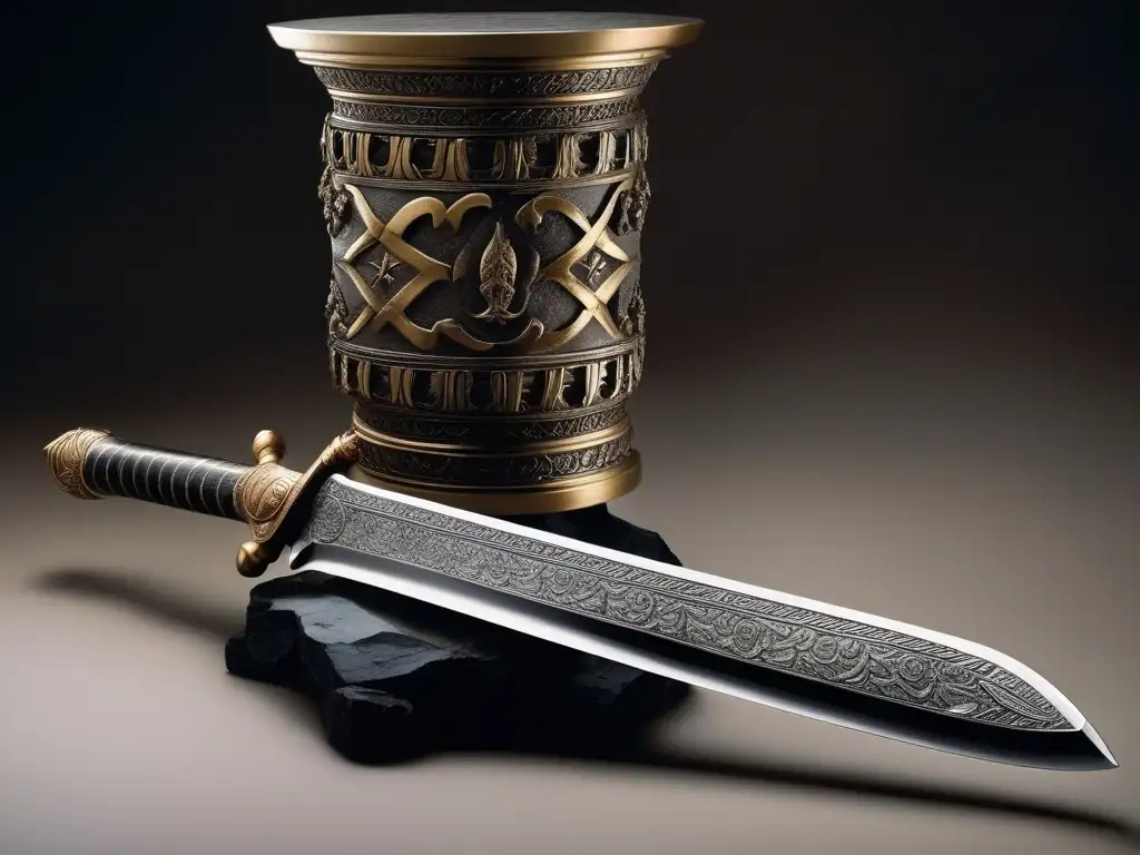 Herramientas de guerra en Esparta: espada espartana perfectamente elaborada reposando en pedestal de piedra