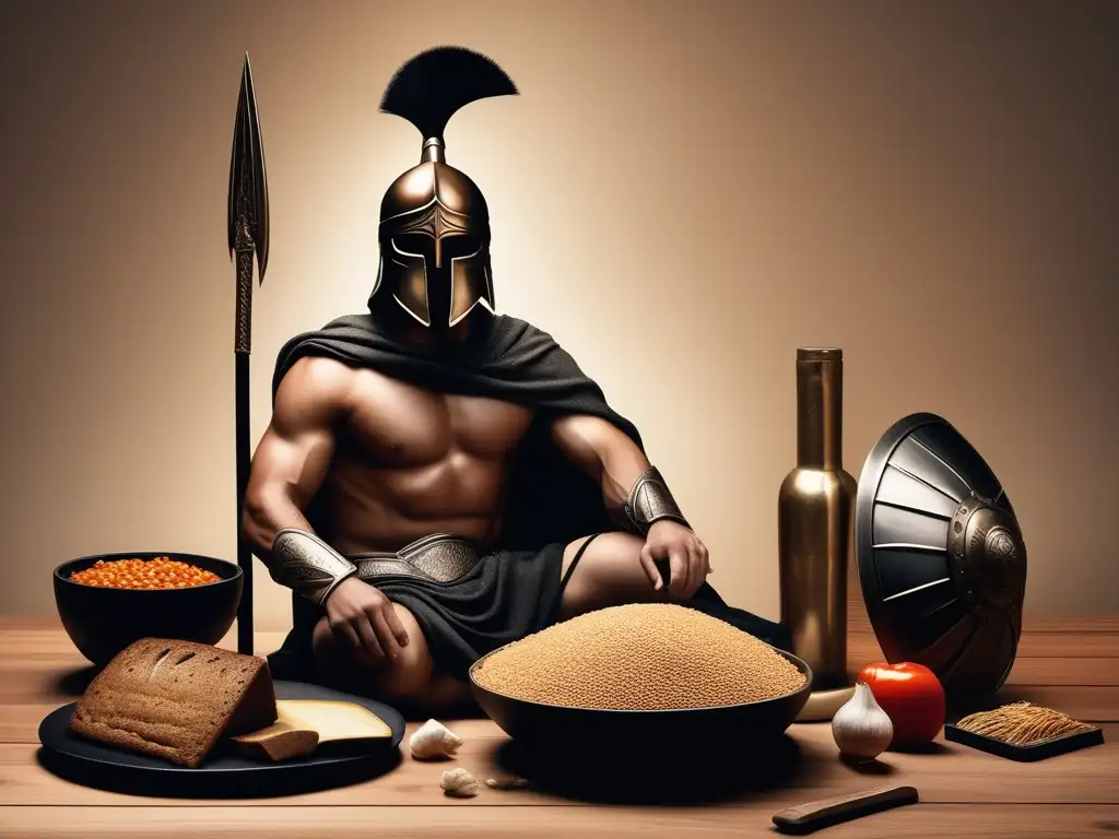 Alimentación espartana: dieta guerreros temidos - Spartan warrior surrounded by staple foods, showcasing simplicity and strength