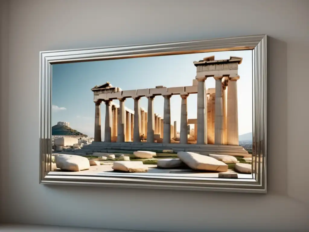 Influencia actual del espejo griego y los restos icónicos del Parthenon reflejados en una imagen realista