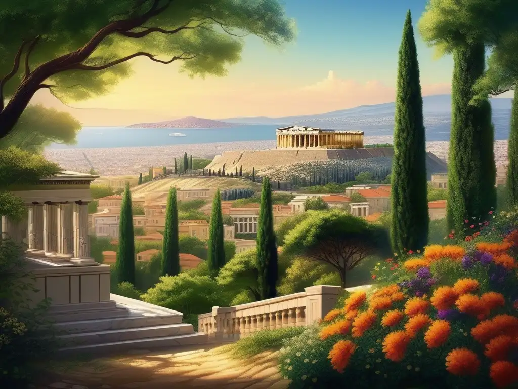 Reconstrucción de Atenas: Ciudad antigua con arquitectura grandiosa y paisaje verde