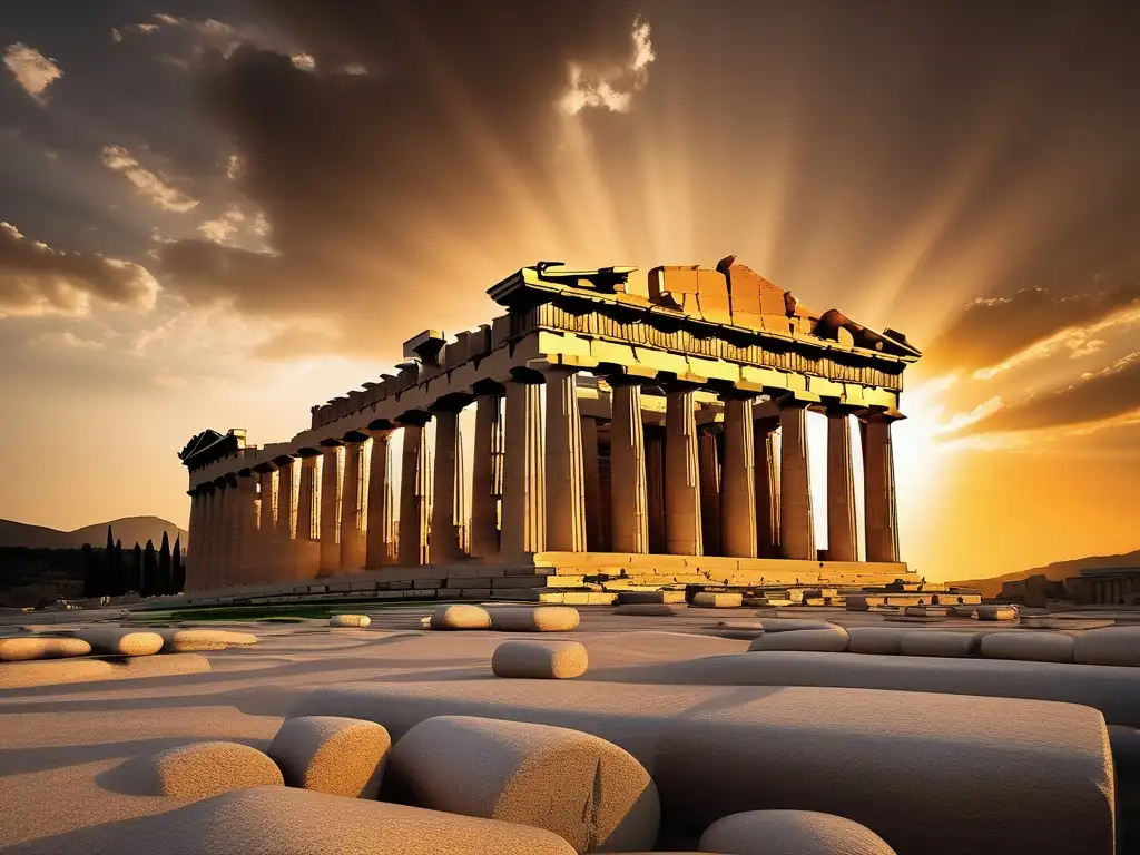 Historia y arquitectura del Partenón: Majestuosa imagen detallada, resaltando su belleza, columnas y frisos, en cálido atardecer