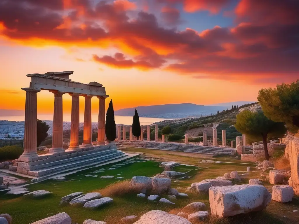 Misterios eleusinos en Grecia: atardecer en el sitio arqueológico de Eleusis, con el Telesterion y sus imponentes pilares