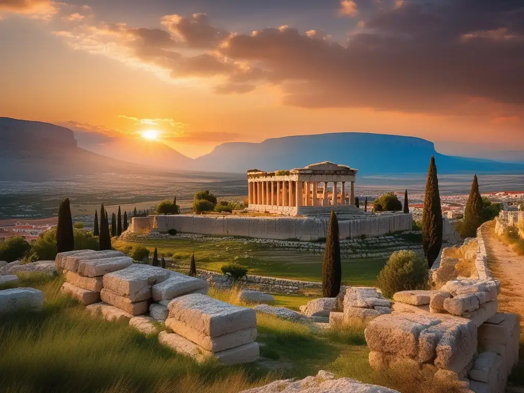 Influencia cultural corintia en Roma: Ciudad antigua de Corinto al atardecer, con templos majestuosos y muros de piedra impresionantes