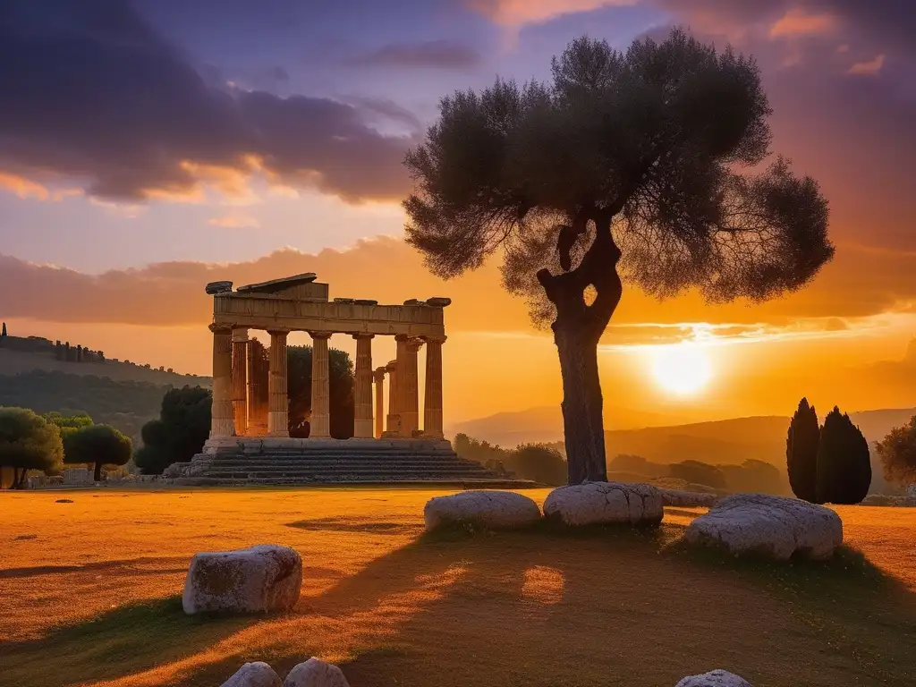 Sereno atardecer en ruinas de Olympia, Grecia