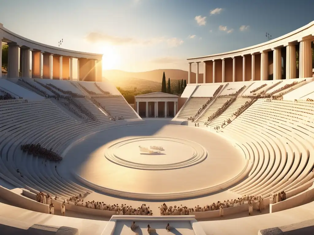 Competencias Panatenaicas en educación griega: estadio de mármol antiguo con espectadores y atletas en juegos deportivos