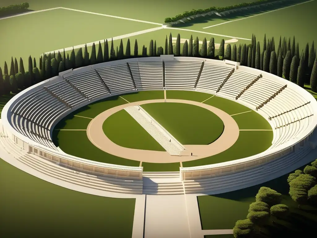 Impresionante estadio antiguo de Grecia, bañado en luz dorada, con asientos de mármol blanco y paisaje verde