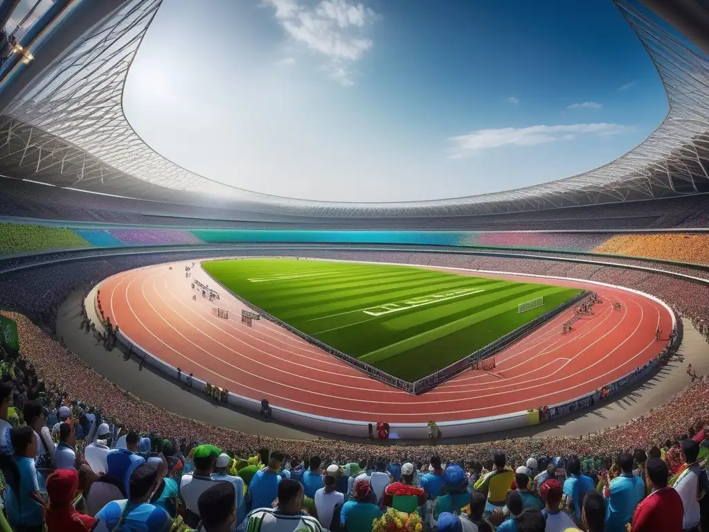 Tradición y deporte en los Juegos Panatenaicos: Vista panorámica del estadio lleno de espectadores, con atletas compitiendo en diversas disciplinas