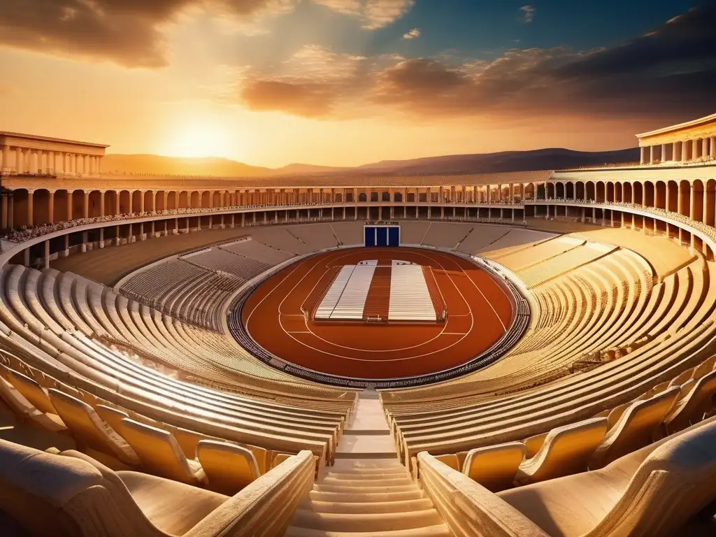 Estadio griego con asientos de mármol y pista ovalada de arena, resaltando la arquitectura griega más allá de templos