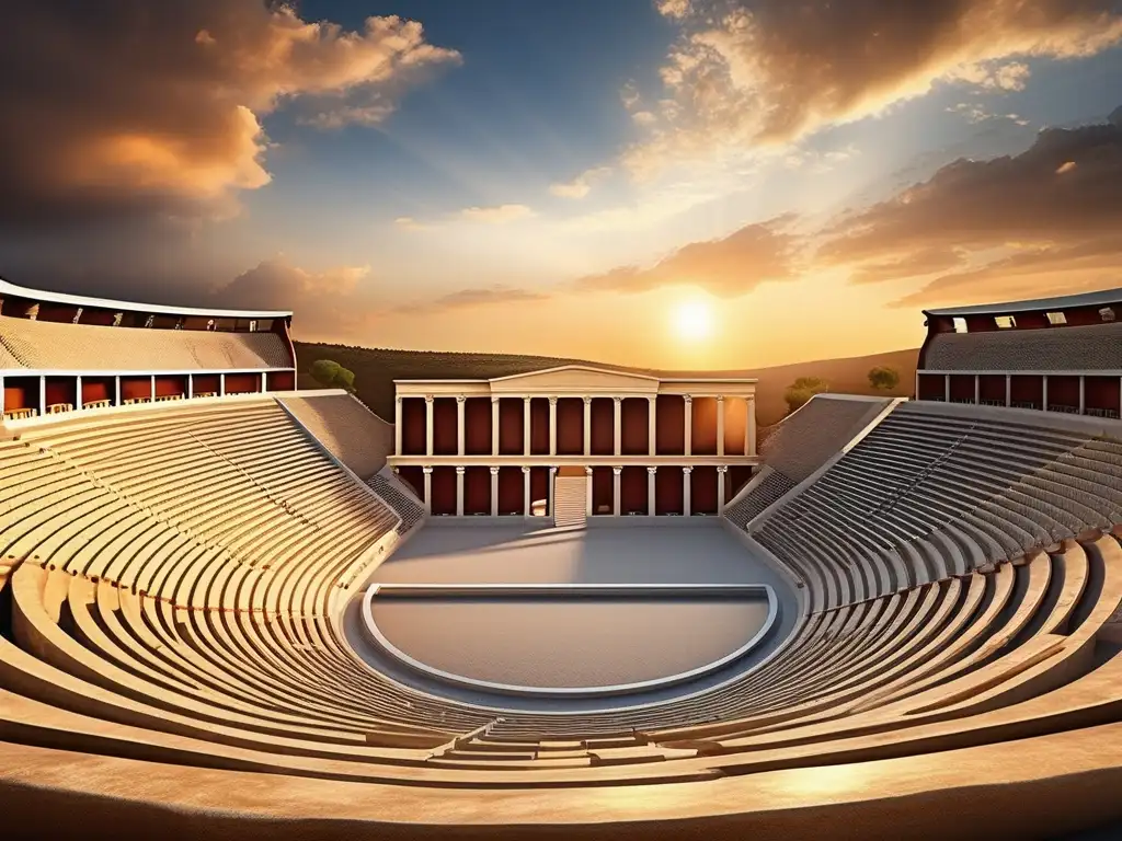 Ingeniería de estadios en la Antigua Grecia: Majestuosidad y armonía en un atardecer dorado