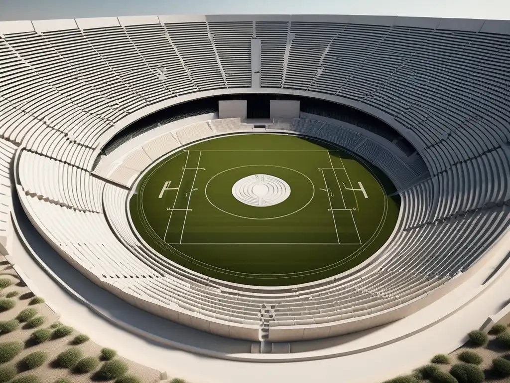 Arquitectura estadios Grecia: antigua maravilla con asientos de piedra y campo verde vibrante