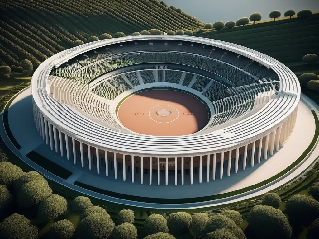 Ingeniería estadios Antigua Grecia: Vista aérea 8k muestra estadio griego antiguo