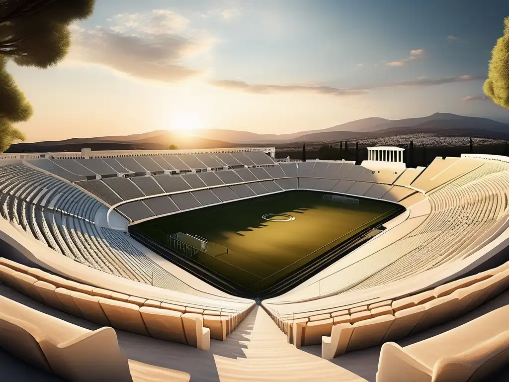 Mujeres en las competencias Panatenaicas: antiguo estadio griego al atardecer, con luz dorada y majestuosa vista a la Acrópolis