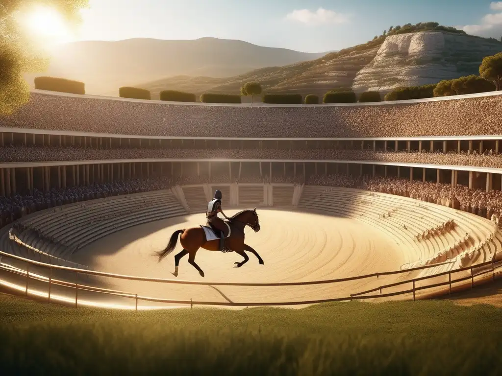 Competencias ecuestres en Grecia antigua: Un estadio griego antiguo lleno de espectadores, con colinas verdes y luz dorada