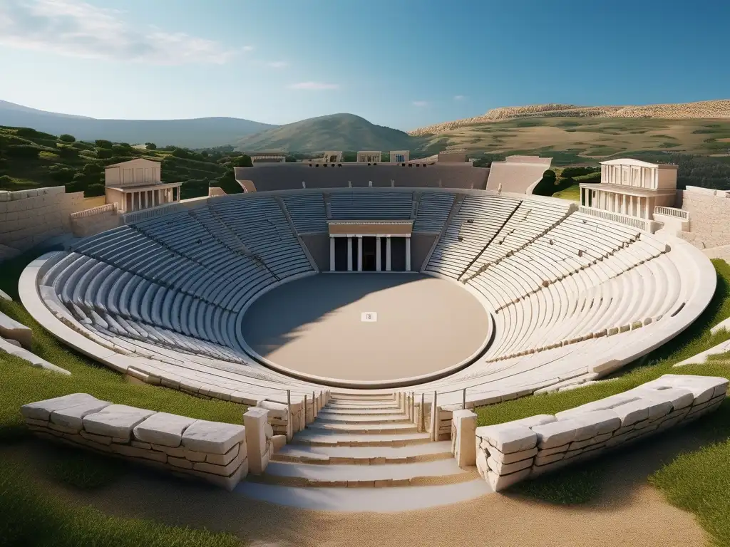 Evolución Juegos Olímpicos Antigua Grecia, estadio griego en paisaje impresionante, arquitectura imponente