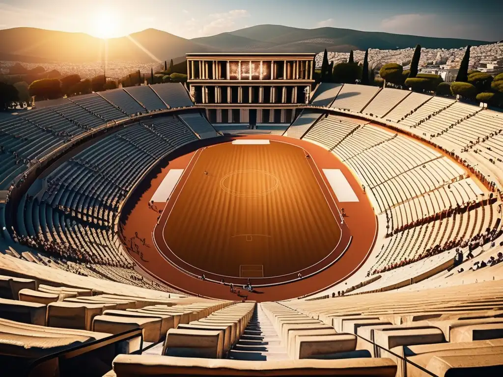 Importancia de los juegos funerarios en Grecia: estadio griego antiguo repleto de espectadores, atletas compitiendo y arquitectura imponente