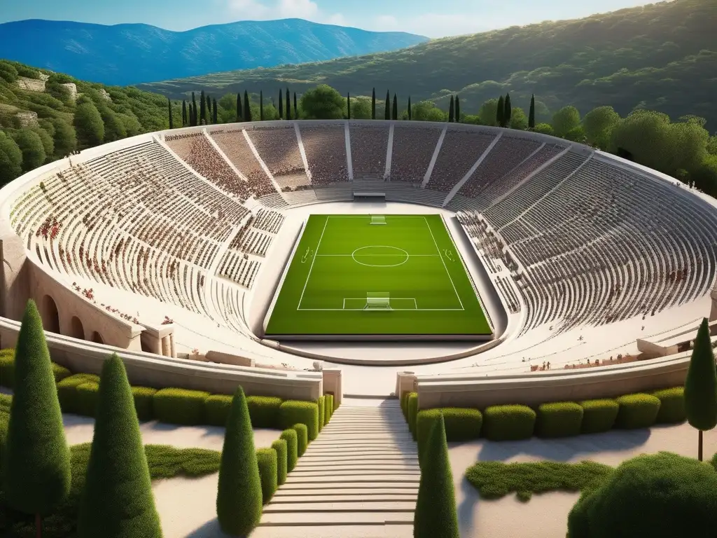 Estadio griego antiguo con juegos funerarios, espectadores y paisaje pintoresco