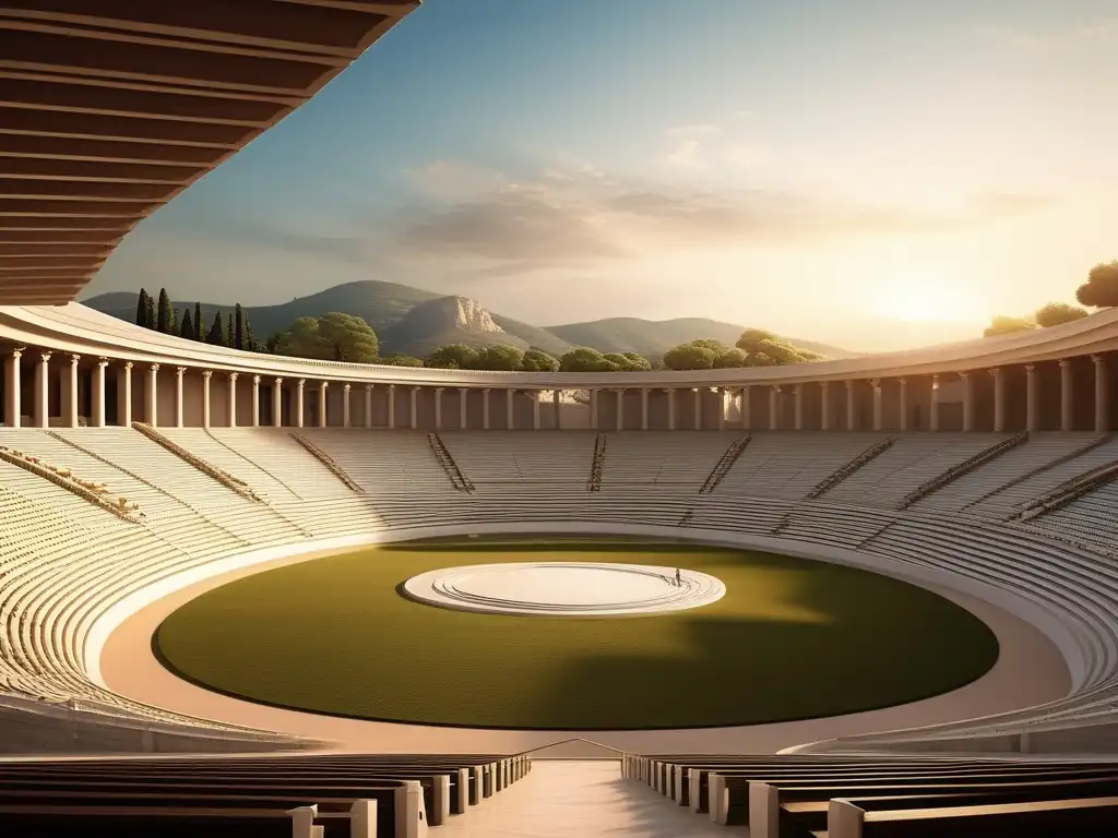 Estadio antiguo griego, cuna de los Juegos Olímpicos, rodeado de colinas verdes y con el majestuoso Monte Olimpo al fondo