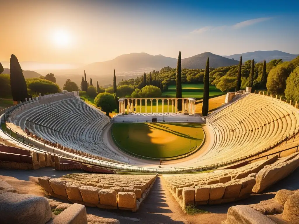 Vista impresionante del antiguo estadio griego de Olympia, rodeado de naturaleza exuberante y montañas majestuosas