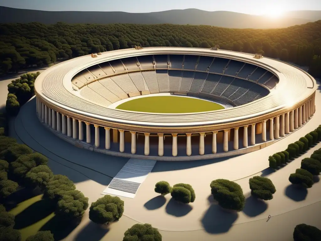 Ingeniería estadios Antigua Grecia: Estadio griego antiguo, majestuoso y preciso, en Olympia, con columnas y gradas detalladas