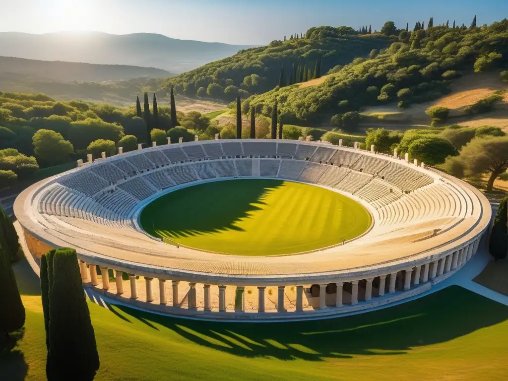 Impresionante estadio de la Antigua Grecia, bañado en luz dorada, rodeado de colinas verdes y cielo azul