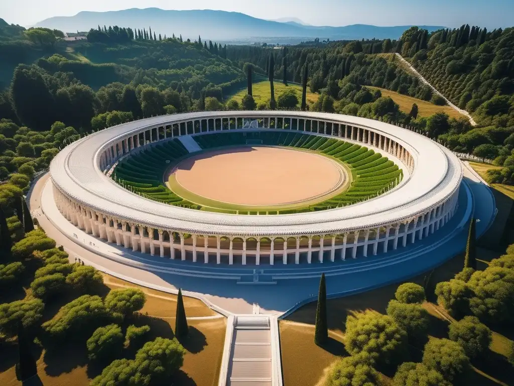 Espiritu competencia Grecia antigua: Estadio Olimpico, atletas, naturaleza exuberante, montañas majestuosas, historia y belleza arquitectonica