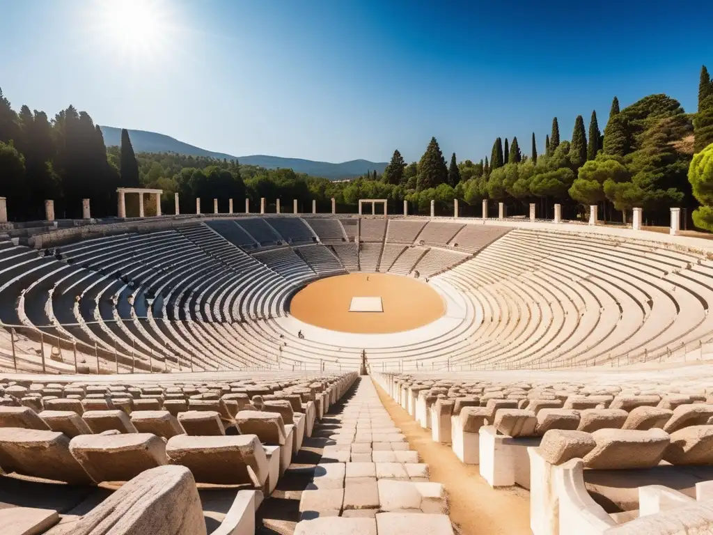 Estadio Olímpico antiguo en Grecia, con atletas y espectadores en trajes tradicionales