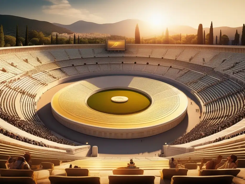 Rituales olímpicos en el antiguo estadio griego, lleno de espectadores, Zeus sostiene la antorcha sagrada