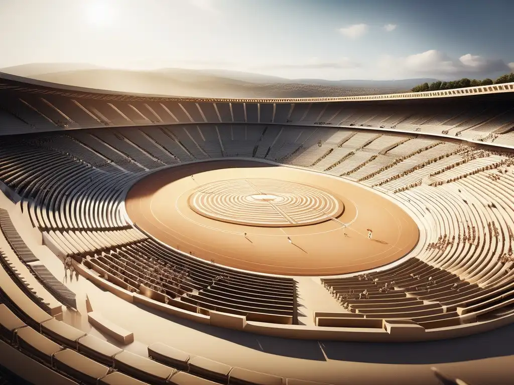 Rituales olímpicos Antigua Grecia: Estadio griego lleno de espectadores, atletas compitiendo y arquitectura clásica