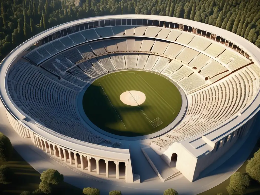 Influencia dioses en Juegos Olímpicos: Estadio antiguo en Olympia, Grecia, con Zeus y paisaje hermoso