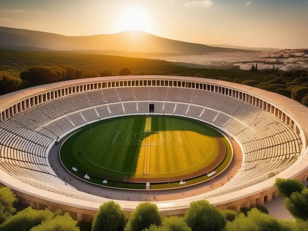 Estadio griego antiguo con conexión divina en Juegos Olímpicos (110 caracteres)