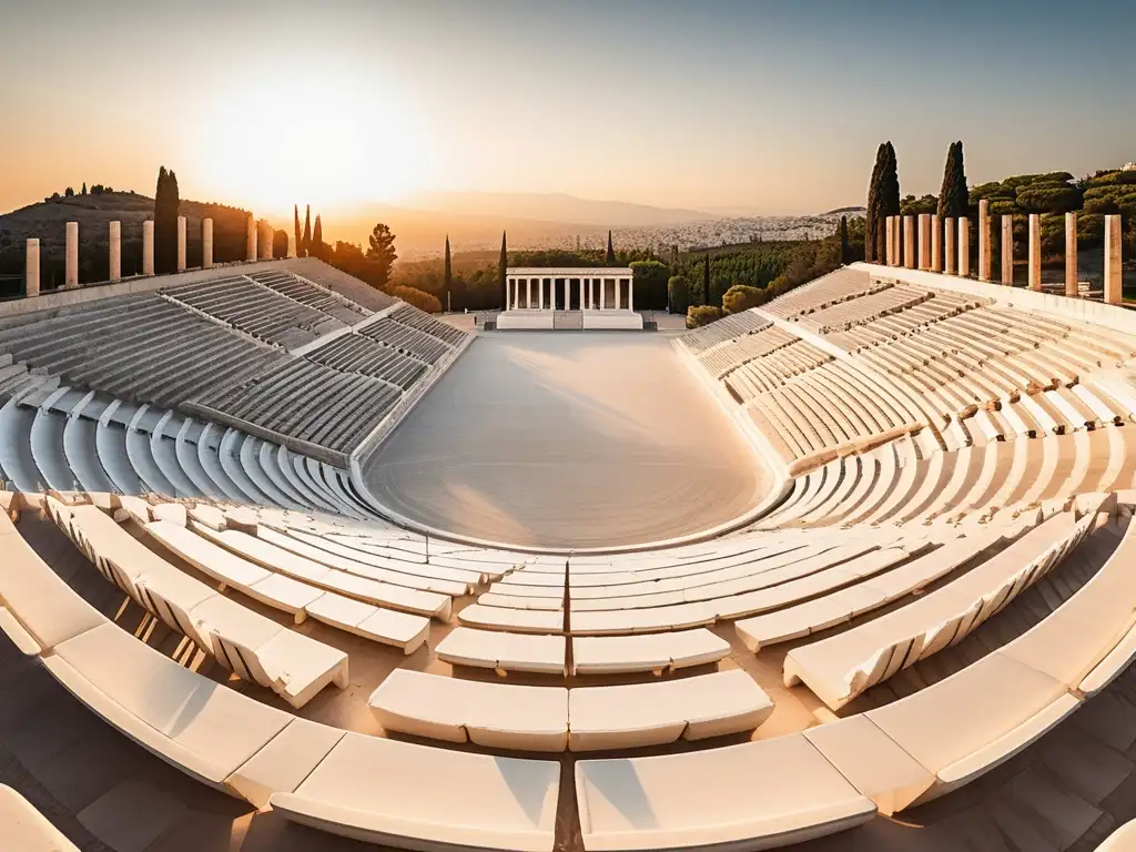 Importancia de los Juegos Panatenaicos en la Antigua Grecia: Estadio de mármol blanco, asientos simétricos, Acropolis al fondo