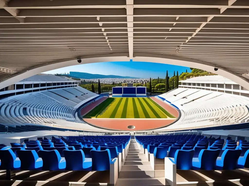 Importancia de las Ágoras en Grecia: Estadio Panatenaico, Atenas, cielo azul, mármol blanco, campo verde, diseño simétrico y columnas alineadas