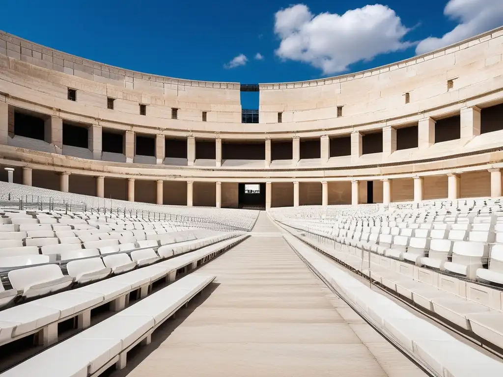 Competencias Panatenaicas en Grecia: Estadio majestuoso y elegante, con asientos blancos y detalles intrincados