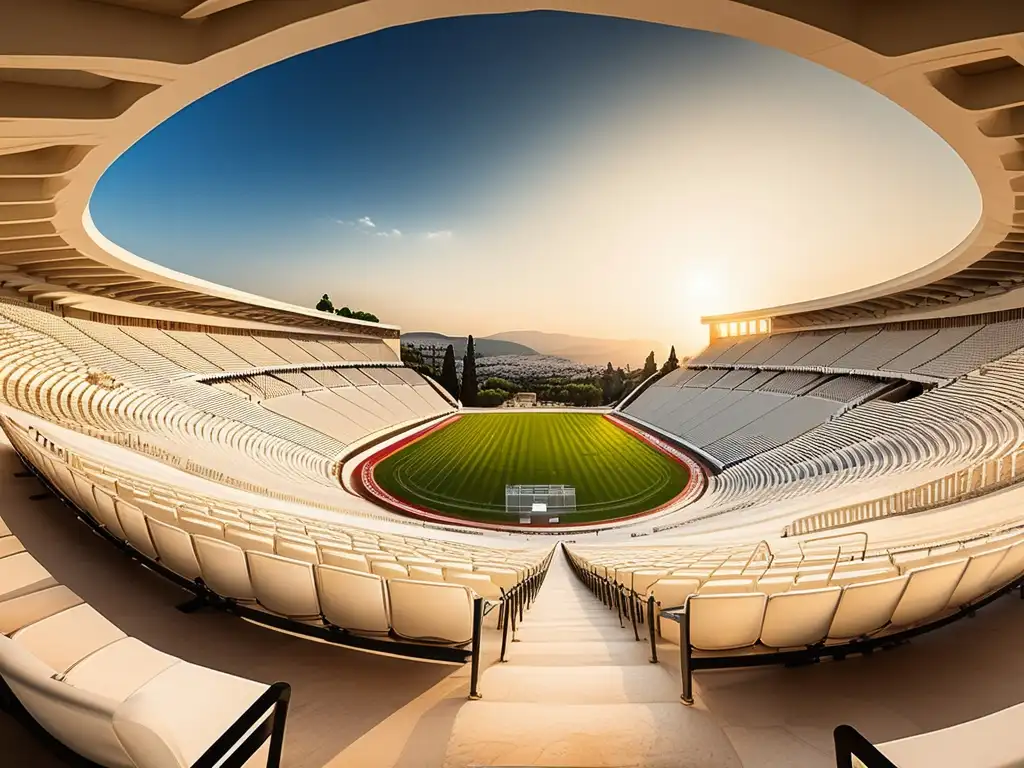 Influencia de los dioses en los Juegos Panatenaicos, vista impresionante del estadio Panatenaico en Atenas, Grecia, bañado en luz dorada