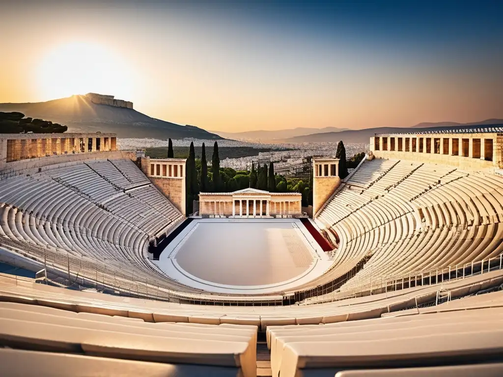 Competencias Panatenaicas en Grecia: estadio majestuoso y fotorealista, símbolo de Atenea y legado histórico