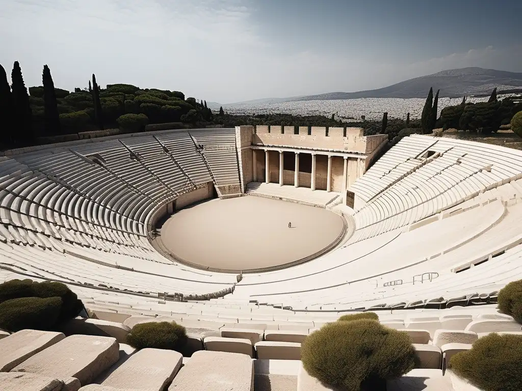 Importancia estadios en Grecia: ruinas Panathenaic Stadium, imagen fotorealista captura grandiosidad y detalles arquitectónicos