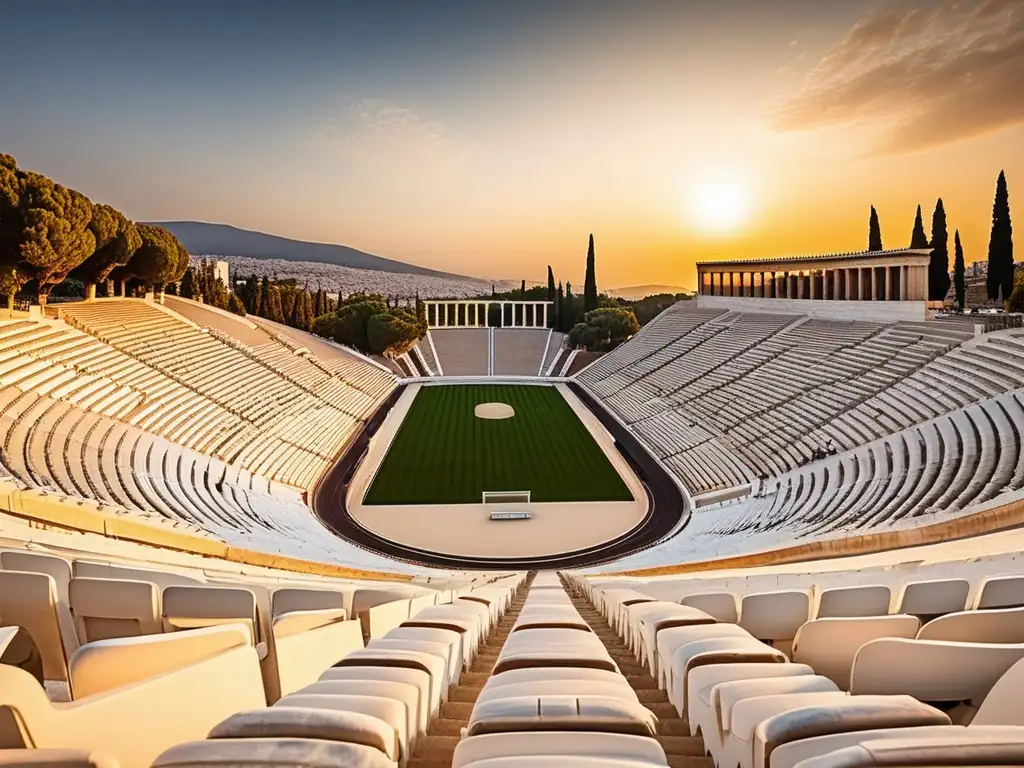 Competencias Panatenaicas en Grecia durante el atardecer, estadio icónico de mármol blanco, pista brillante, Acropolis al fondo